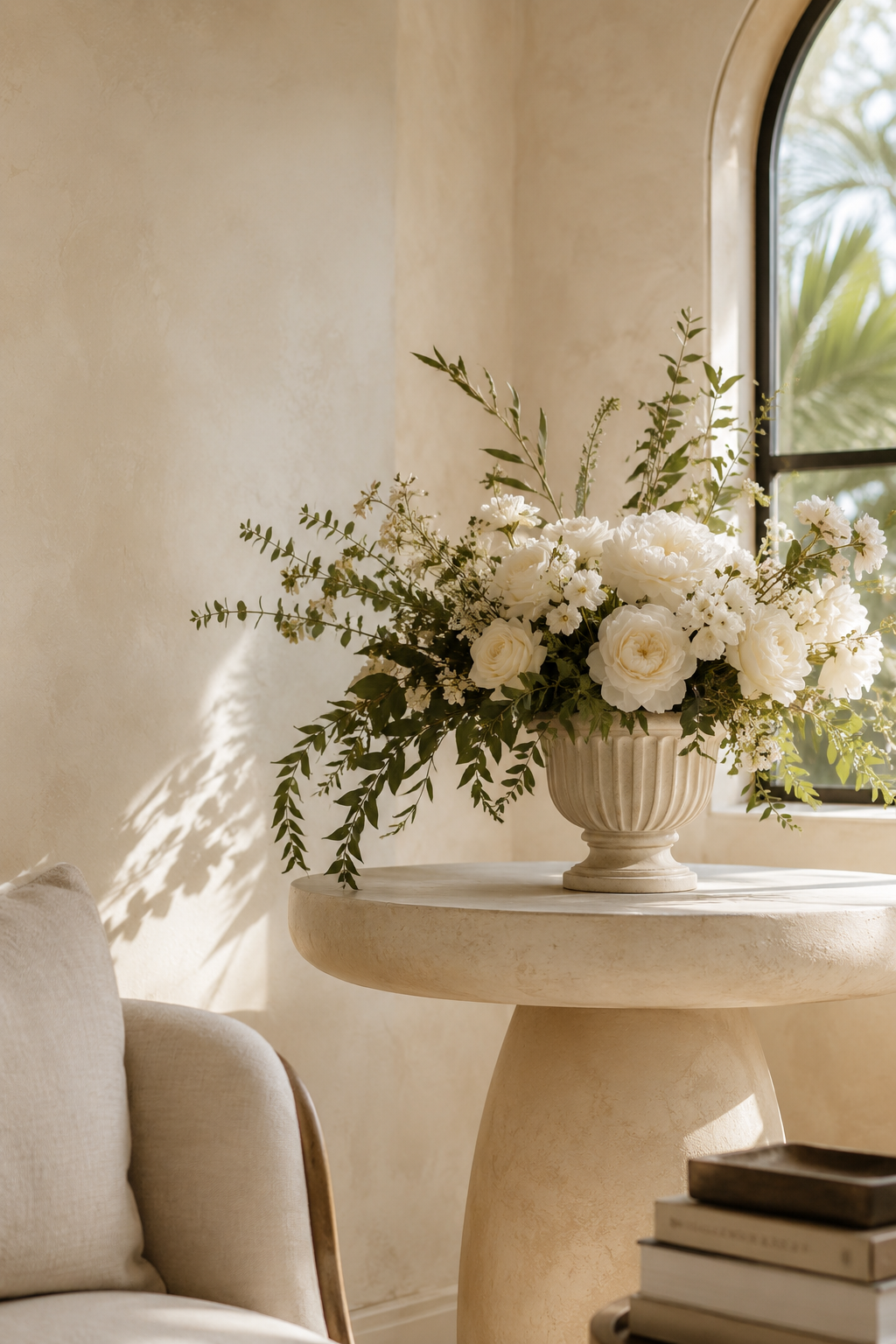 A white floral arrangement in a fluted stone urn on a round table, lit by warm afternoon light in a Mediterranean-style room