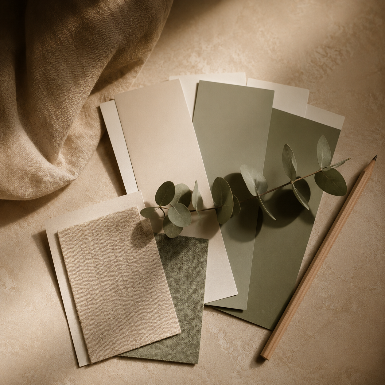 Paint swatches, fabric, and a sprig of eucalyptus laid out as a style palette