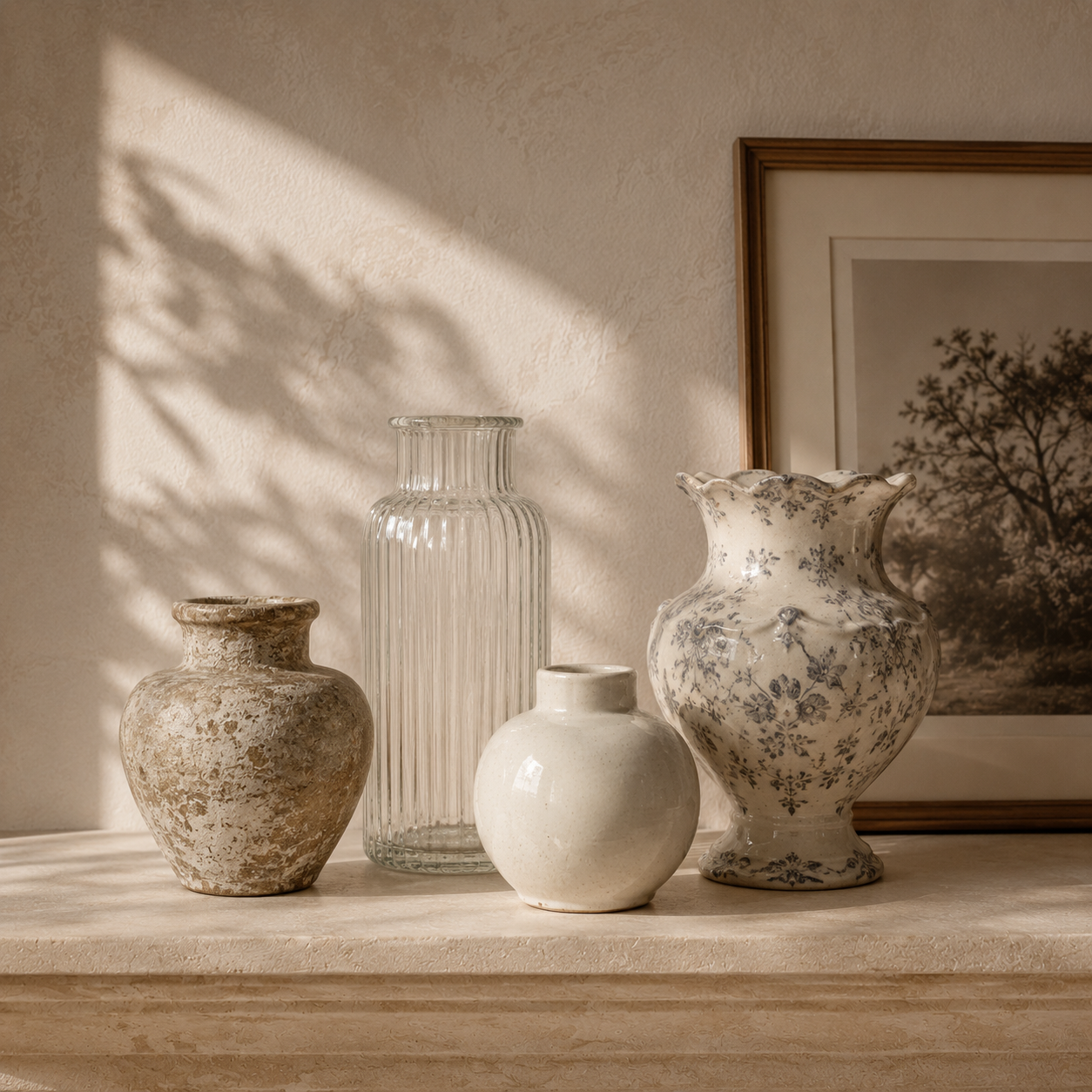 A collection of personal vases including a glass bottle, a floral ceramic urn, and a round vase on a stone mantel beside a framed print