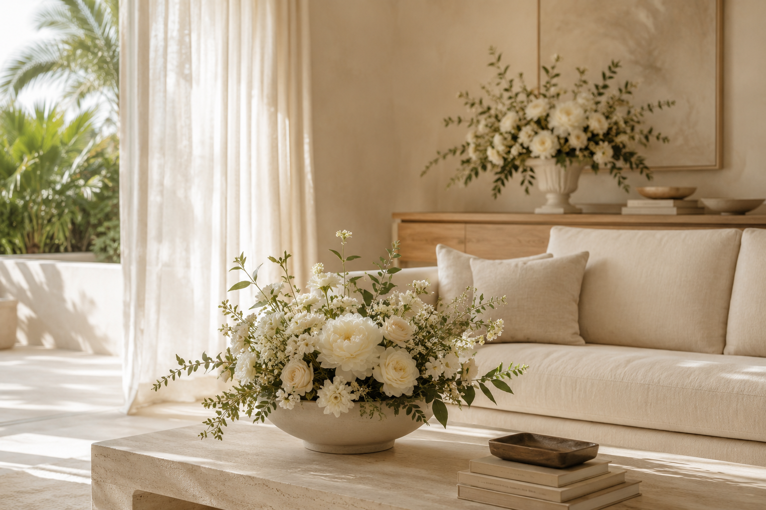 A sunlit living room with two white floral arrangements: a low bowl on the coffee table and a tall urn on the console
